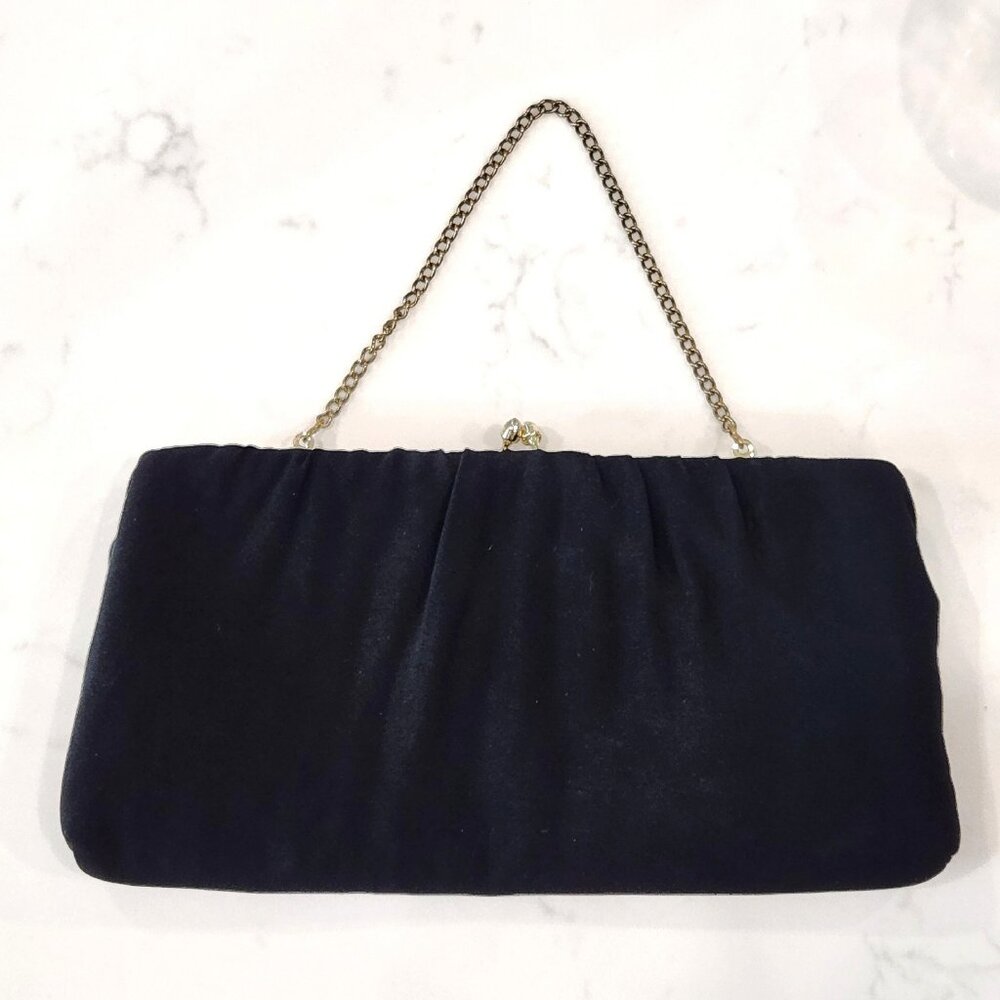 Vintage Harry Levine Evening Clutch Purse Black w/Chain Strap Kiss Closure Gold